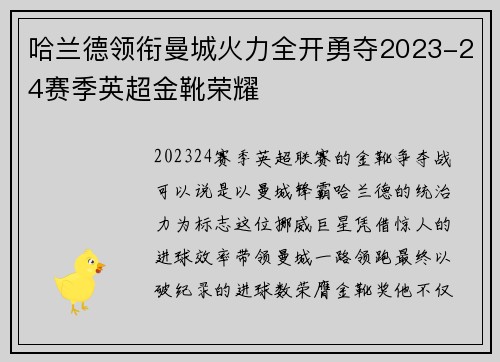 哈兰德领衔曼城火力全开勇夺2023-24赛季英超金靴荣耀 哈兰德领衔曼城火力全开勇夺2023-24赛季英超金靴荣耀
